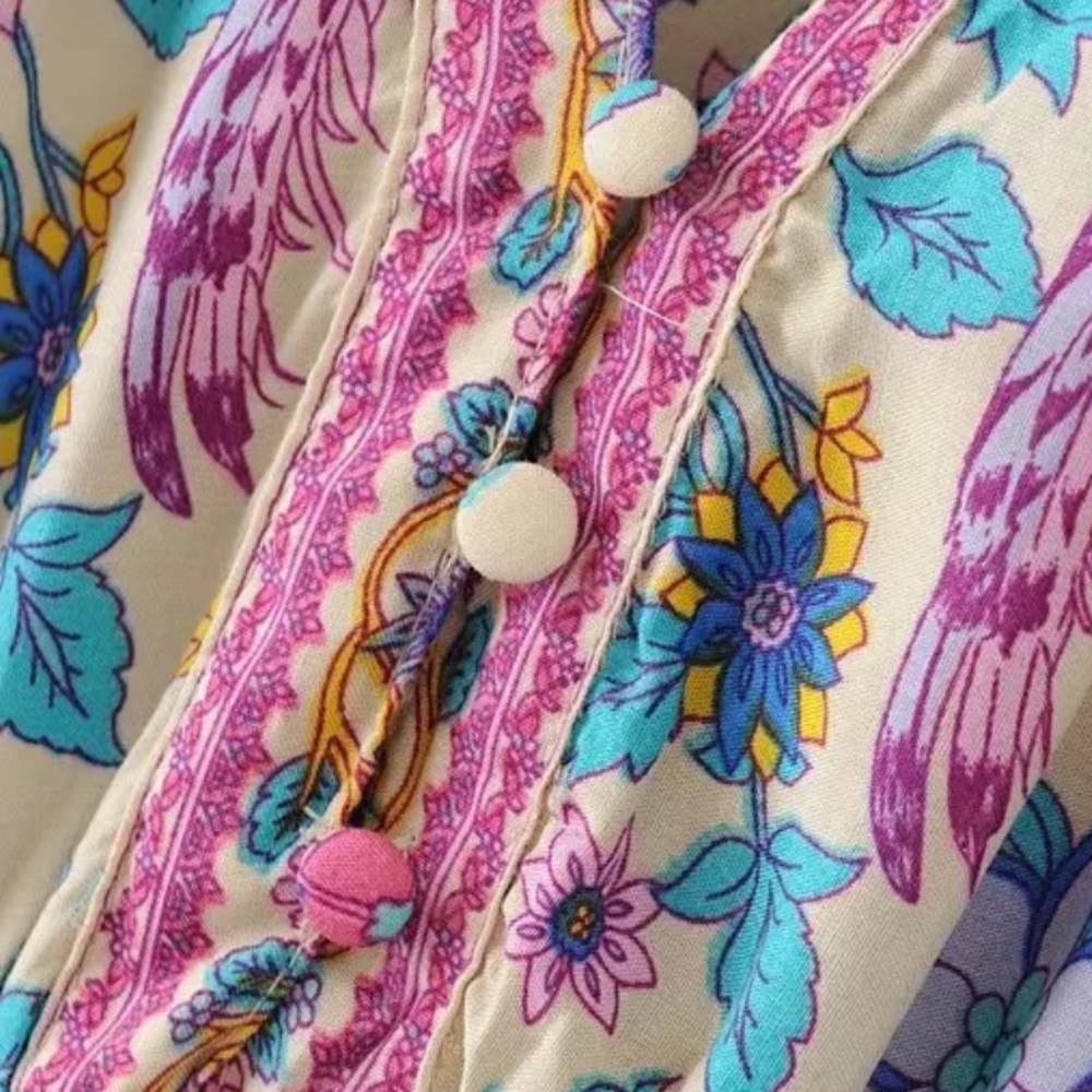 Colorful Bird Boho Floral Gypsy Print Dress - Picture 6 of 10